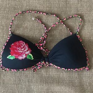 Black Red Floral Bikini Criss Cross Bikini Top XS